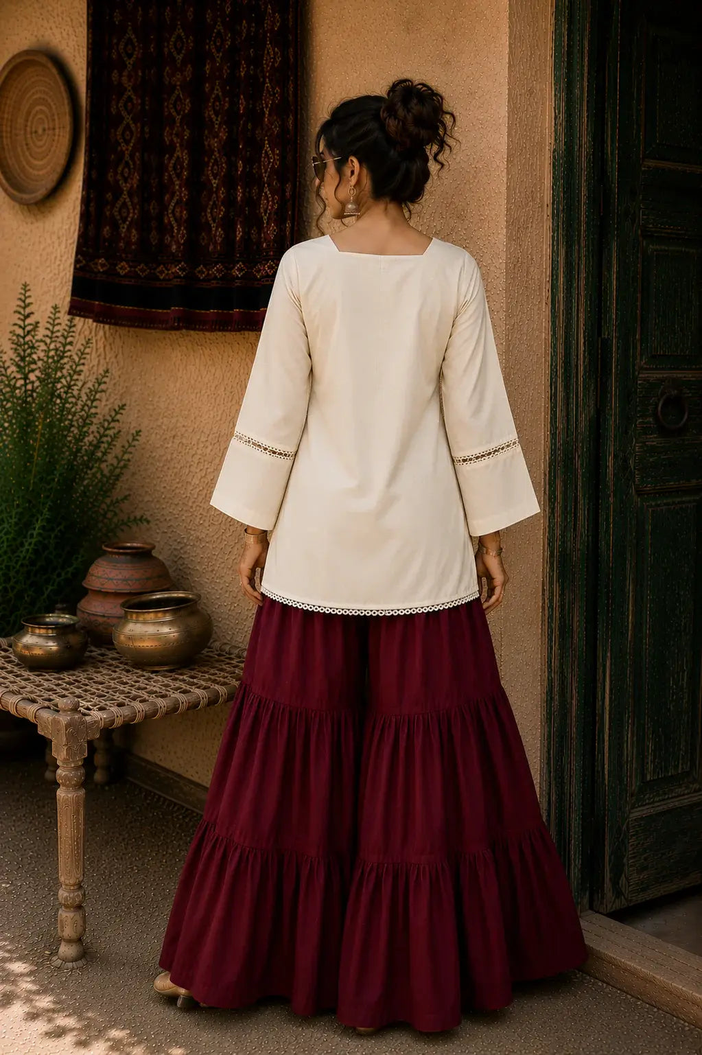 Elegant Lace-Up Co-Ord Set for Women – Off-White & Maroon- CS-04