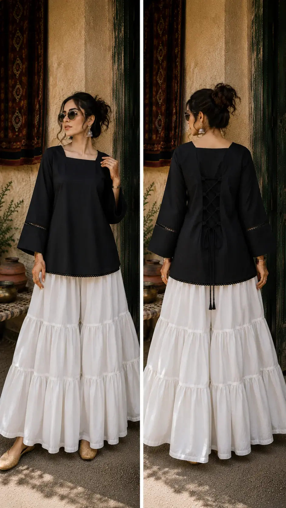 Elegant Lace-Up Co-Ord Set for Women – Black & White - CS-03